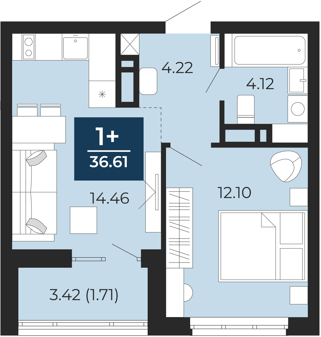 Квартира № 235, 1-комнатная, 36.61 кв. м, 11 этаж