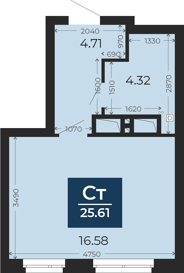 Квартира № 219, Студия, 25.61 кв. м, 17 этаж