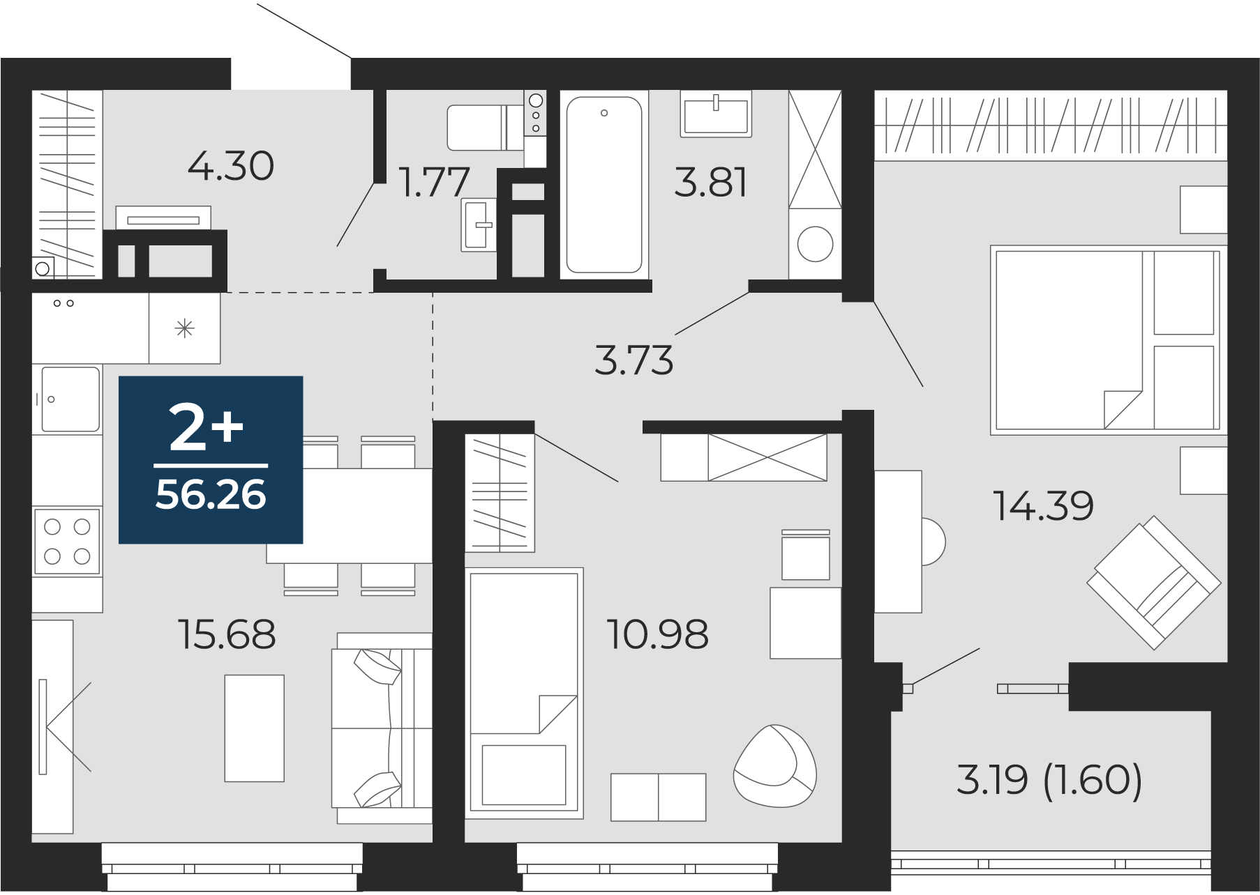 Квартира № 62, 2-комнатная, 56.26 кв. м, 9 этаж