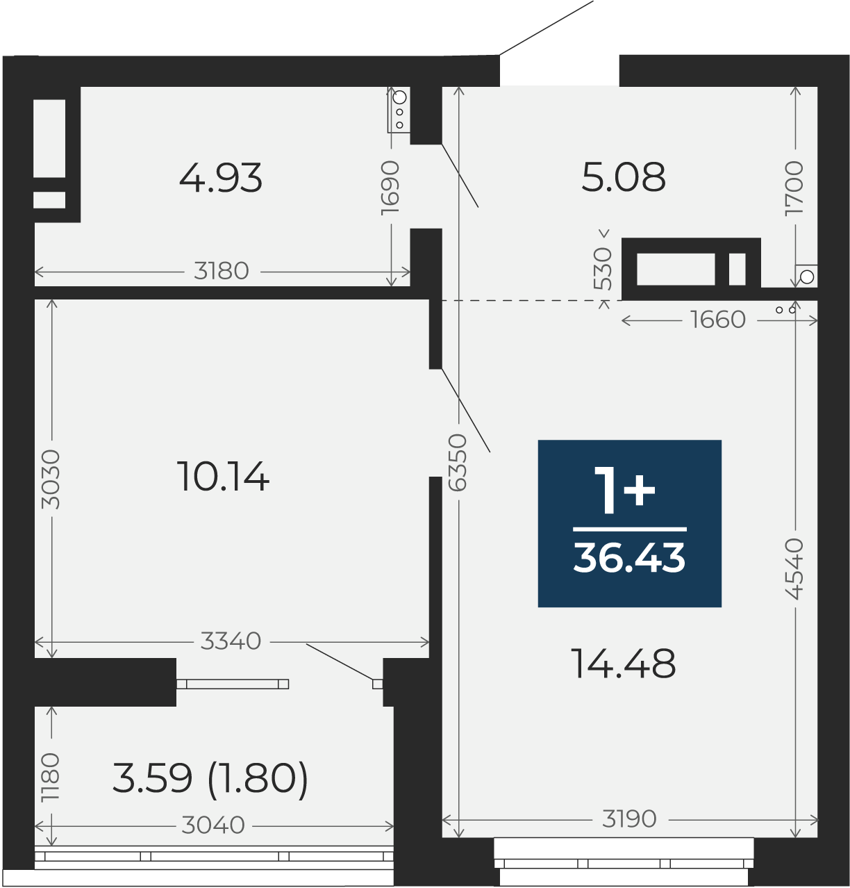 Квартира № 236, 1-комнатная, 36.43 кв. м, 11 этаж