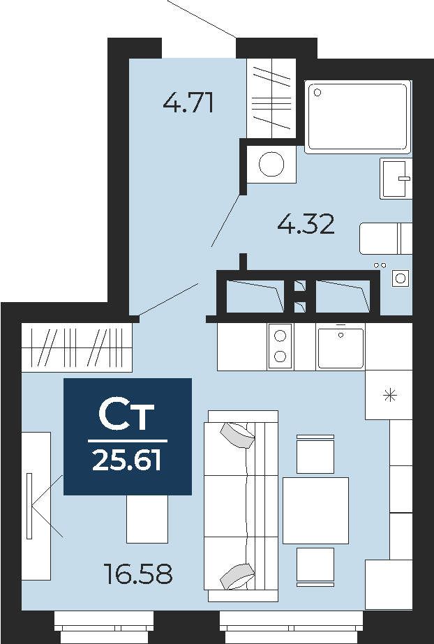 Квартира № 177, Студия, 25.61 кв. м, 14 этаж