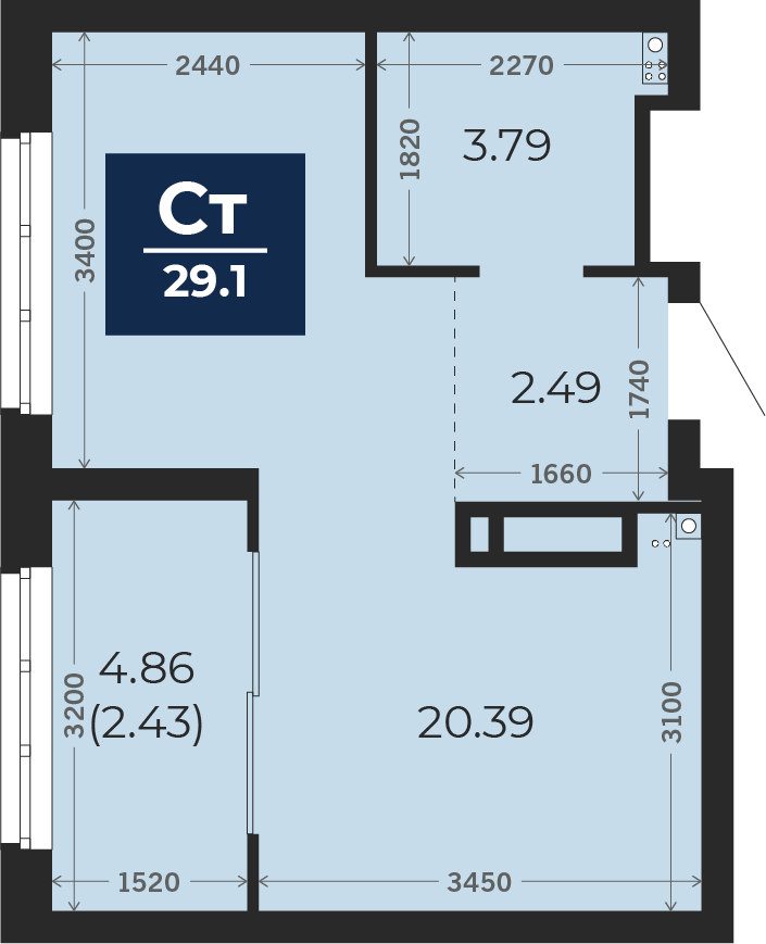 Квартира № 74, Студия, 29.1 кв. м, 2 этаж