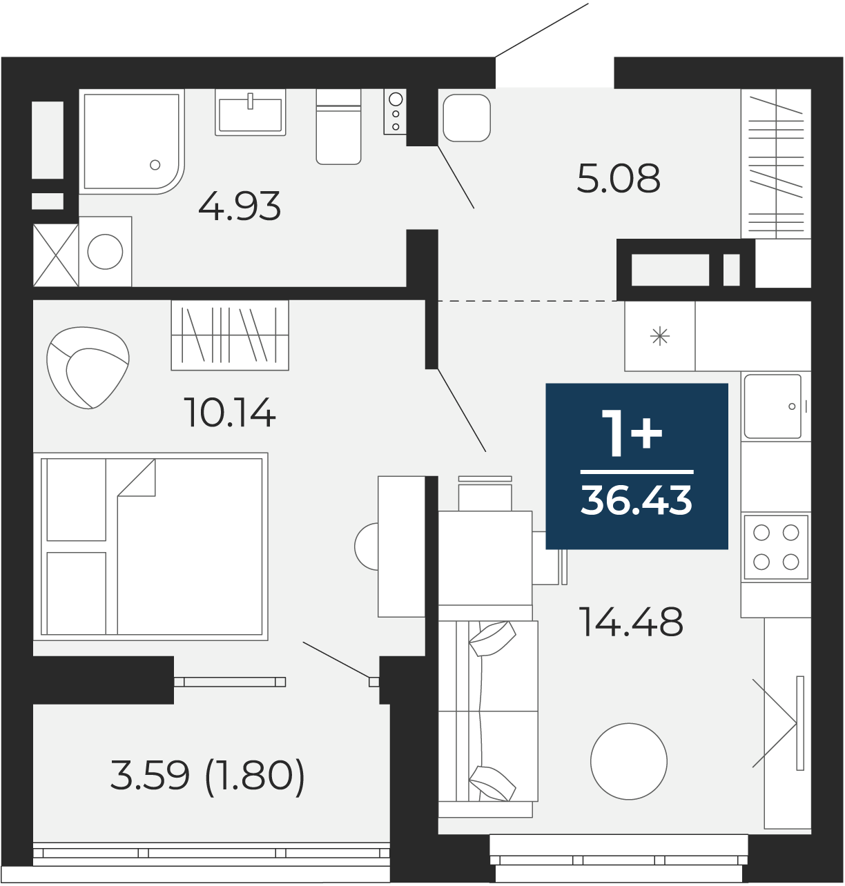 Квартира № 236, 1-комнатная, 36.43 кв. м, 11 этаж