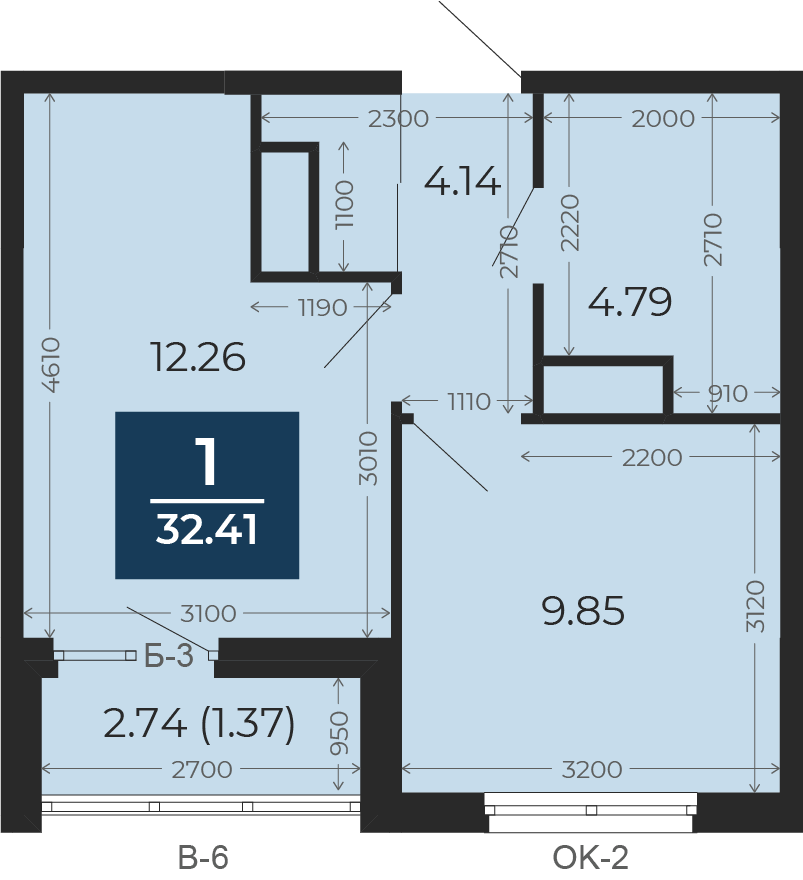 Квартира № 175, 1-комнатная, 32.41 кв. м, 9 этаж