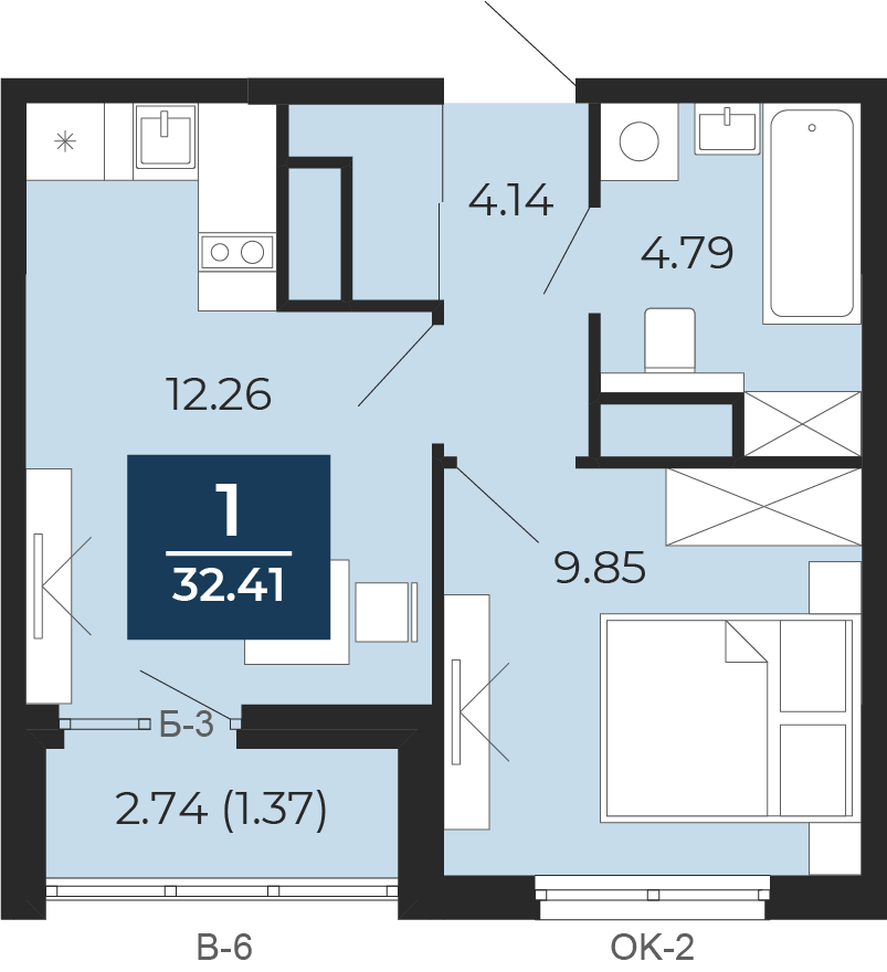 Квартира № 175, 1-комнатная, 32.41 кв. м, 9 этаж