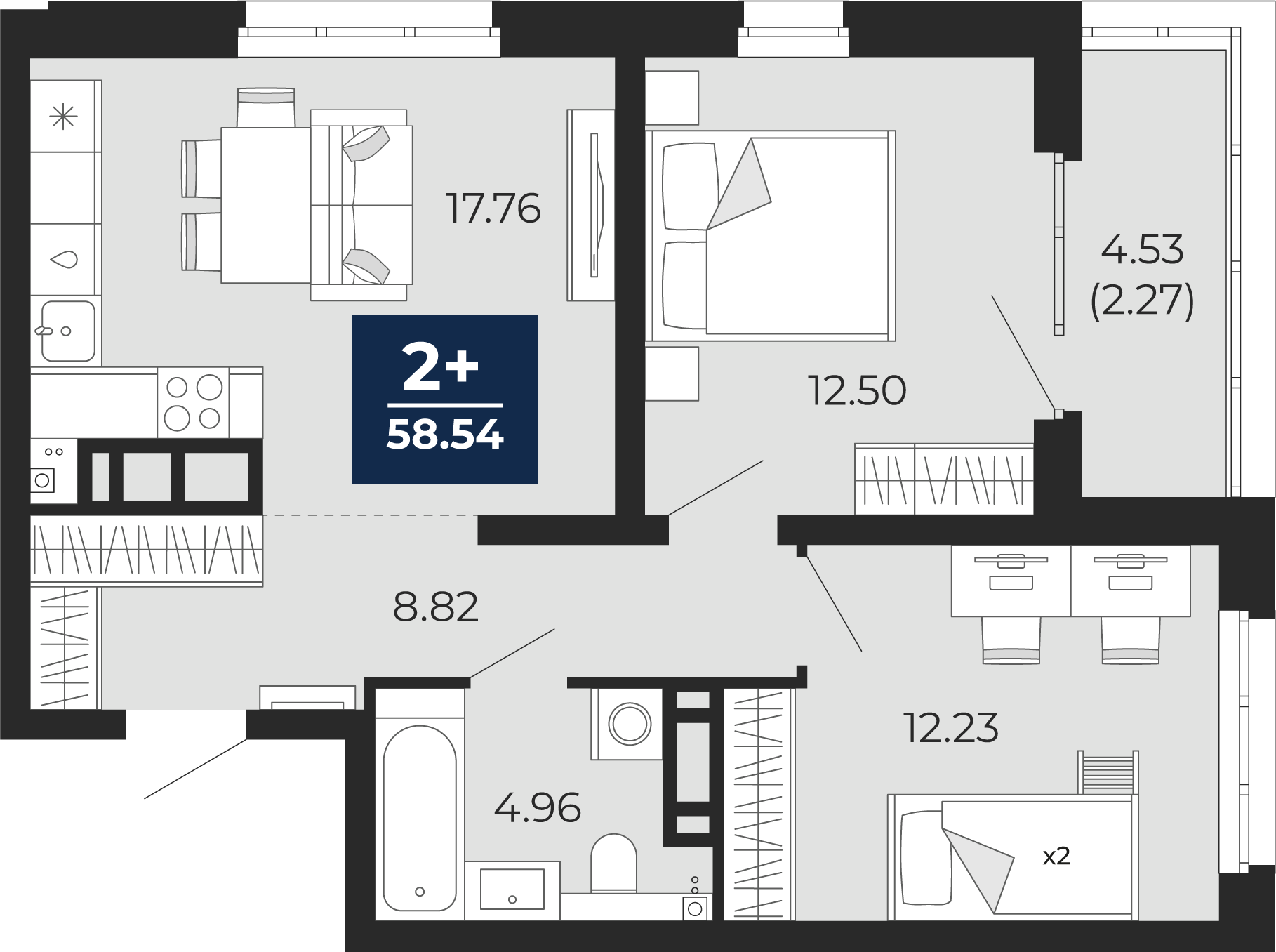 Квартира № 105, 2-комнатная, 58.54 кв. м, 14 этаж