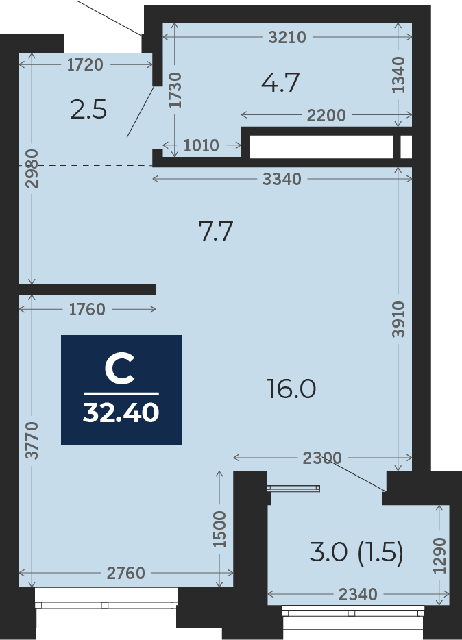 Квартира № 13, Студия, 33.9 кв. м, 3 этаж