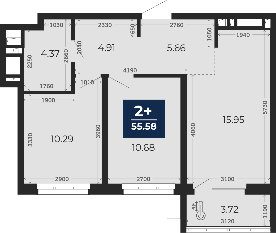 Квартира № 36, 2-комнатная, 53.72 кв. м, 6 этаж