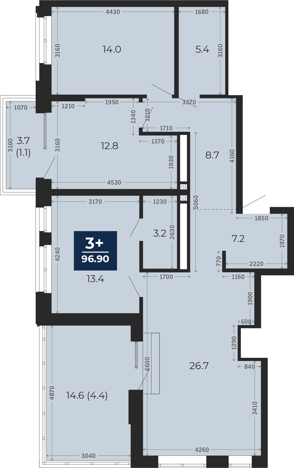 Квартира № 92, 3-комнатная, 96.9 кв. м, 10 этаж