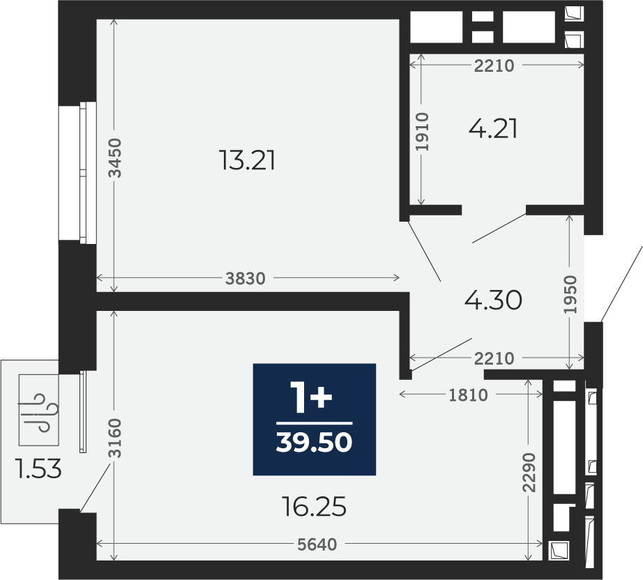 Квартира № 323, 1-комнатная, 38.43 кв. м, 5 этаж
