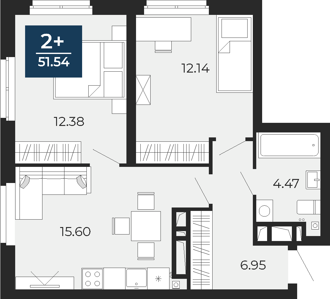 Квартира № 282, 2-комнатная, 51.54 кв. м, 22 этаж