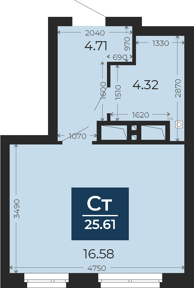 Квартира № 37, Студия, 25.61 кв. м, 4 этаж