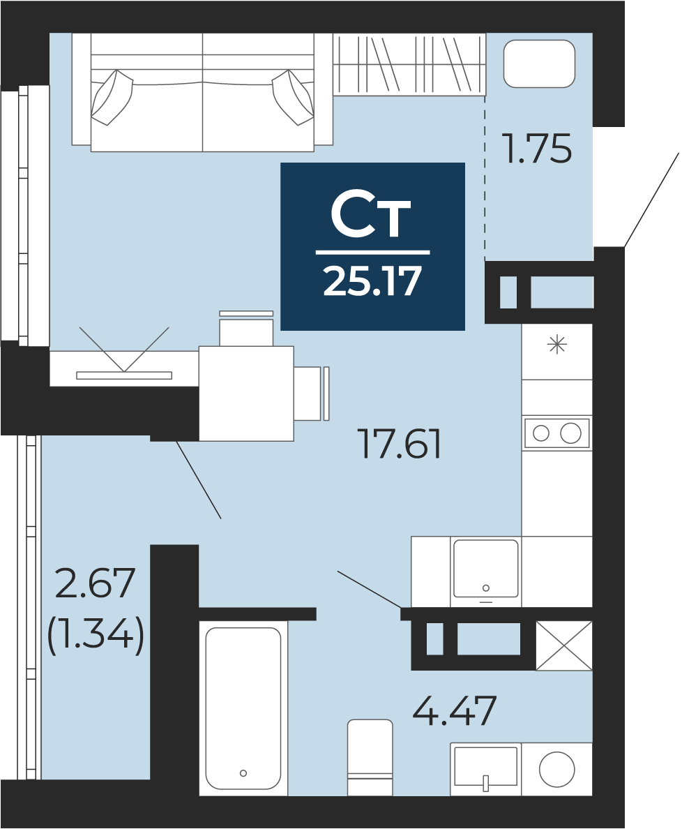 Квартира № 294, Студия, 23.5 кв. м, 5 этаж