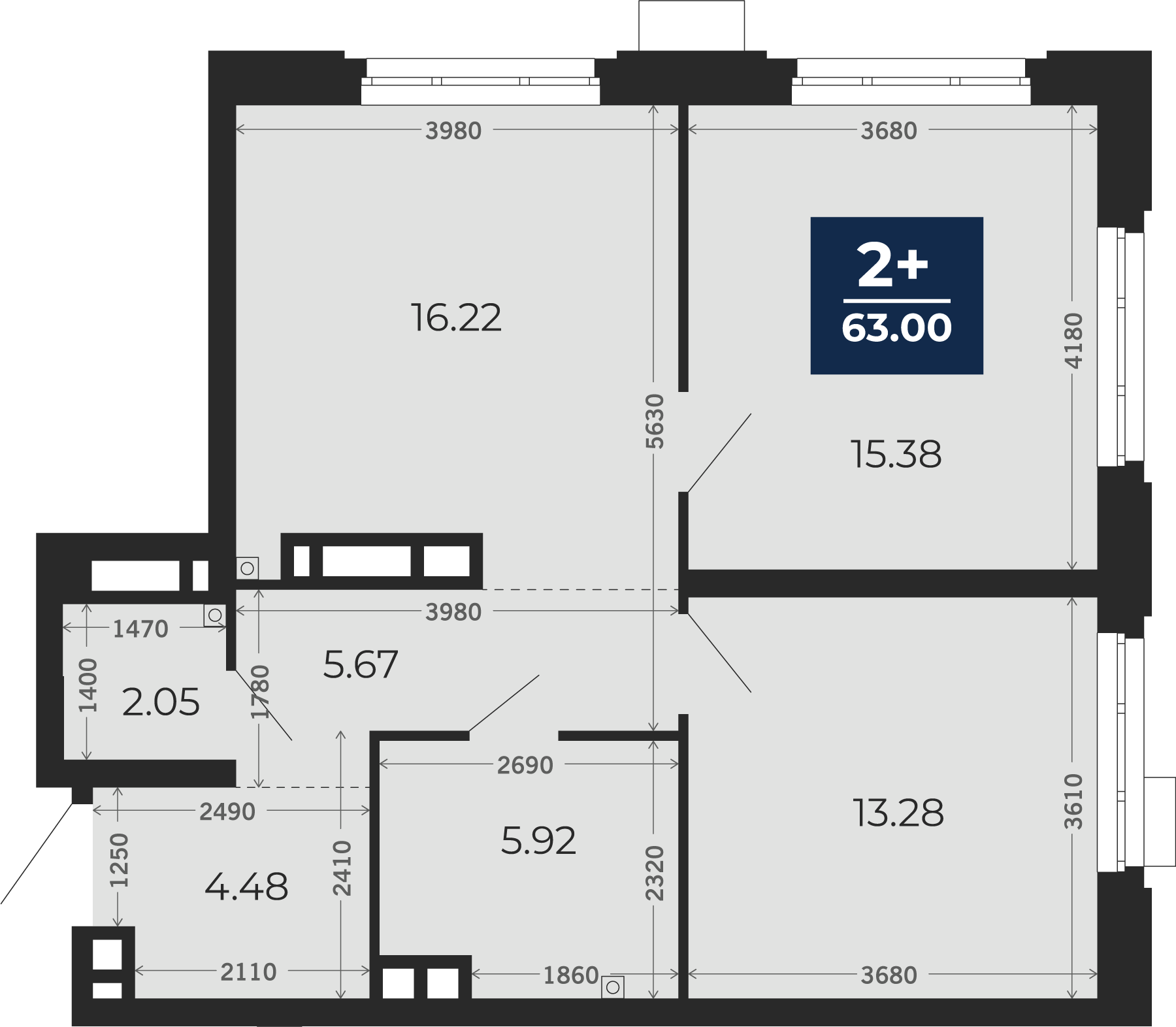 Квартира № 293, 2-комнатная, 63 кв. м, 2 этаж