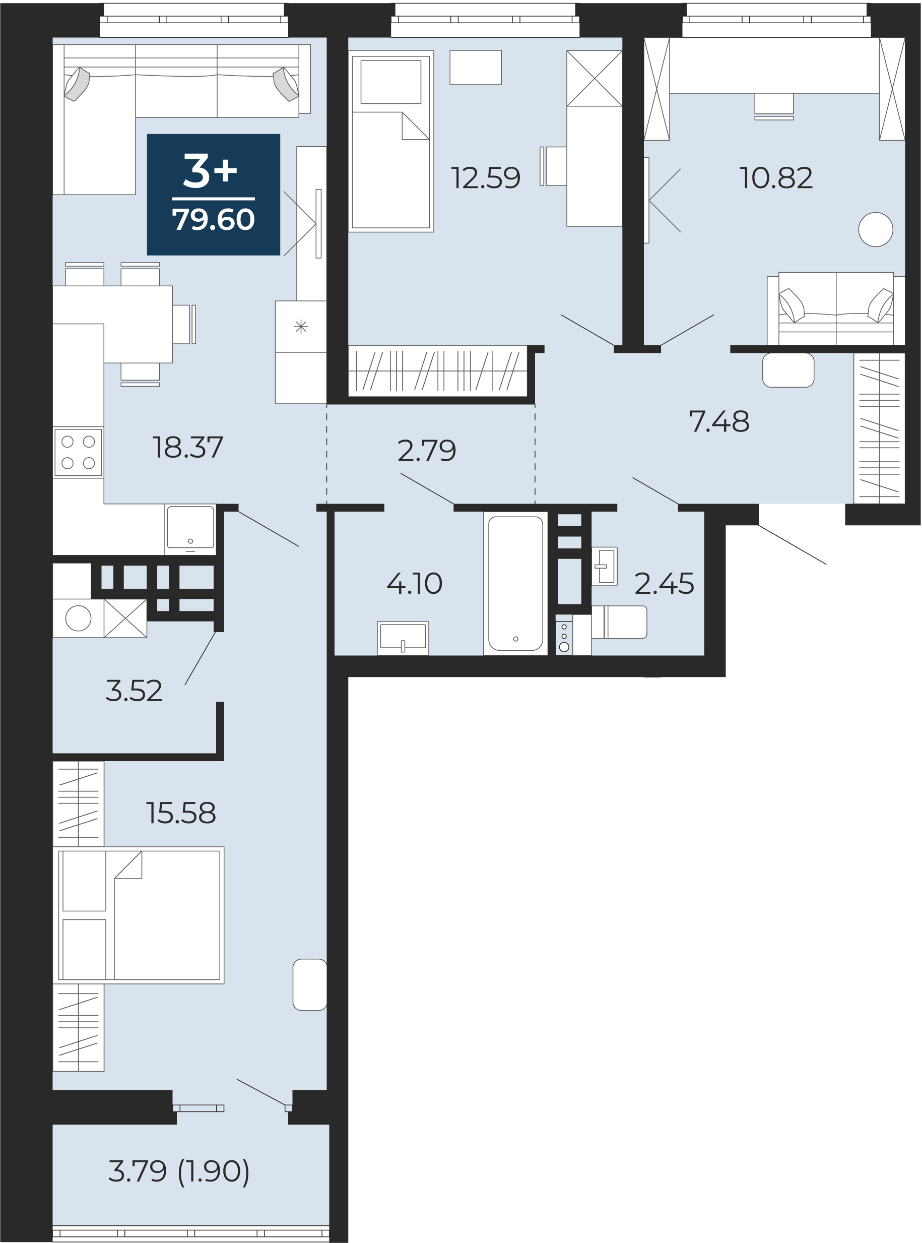 Квартира № 204, 3-комнатная, 79.6 кв. м, 12 этаж