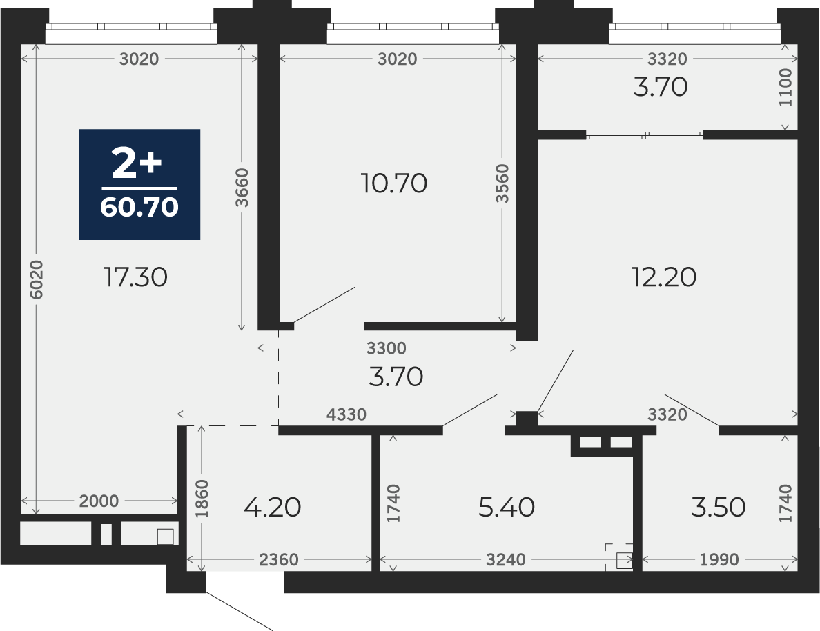 Квартира № 258, 2-комнатная, 60.7 кв. м, 2 этаж
