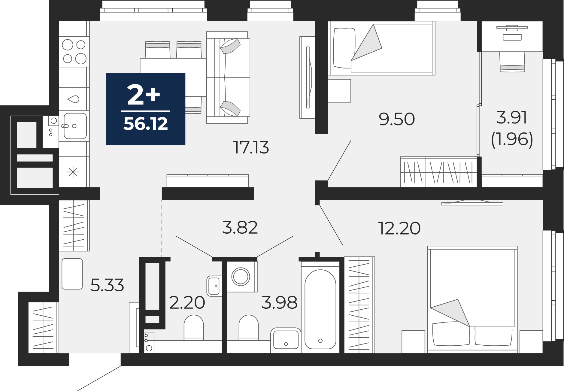 Квартира № 182, 2-комнатная, 56.12 кв. м, 18 этаж