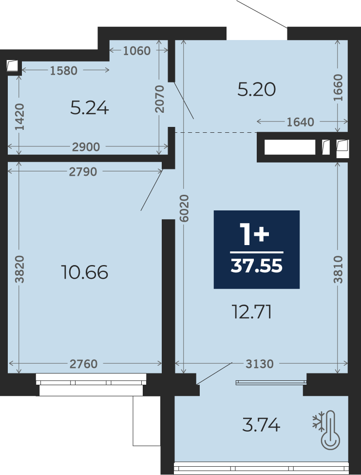 Квартира № 883, 1-комнатная, 35.68 кв. м, 2 этаж