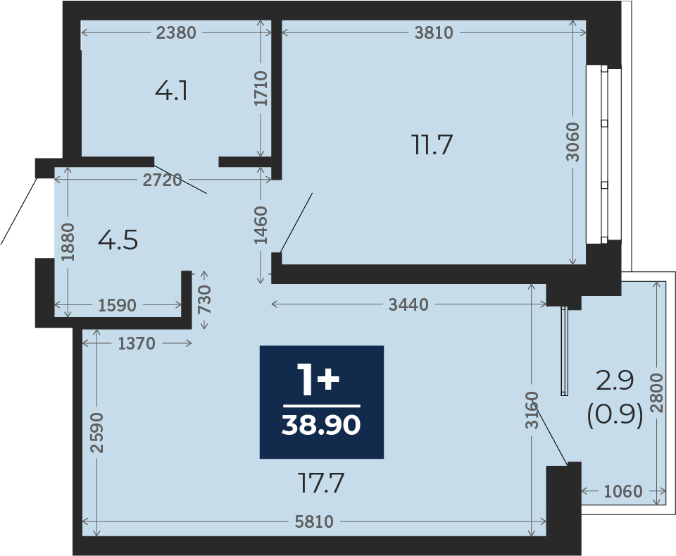 Квартира № 459, 1-комнатная, 38.9 кв. м, 13 этаж