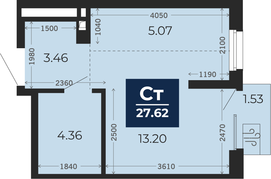 Квартира № 187, Студия, 26.55 кв. м, 5 этаж