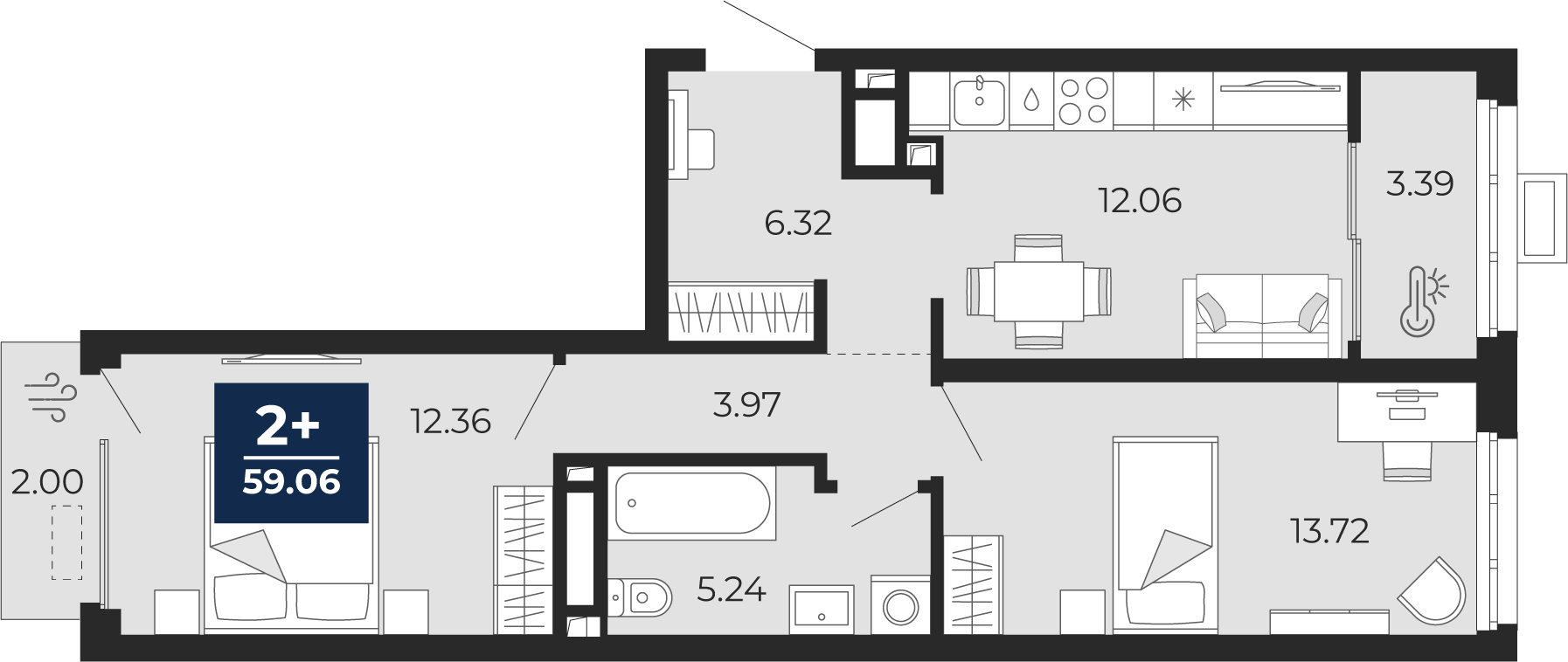Квартира № 346, 2-комнатная, 59.06 кв. м, 6 этаж