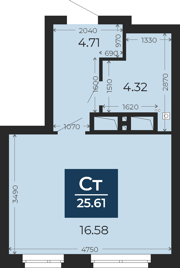 Квартира № 317, Студия, 25.61 кв. м, 24 этаж