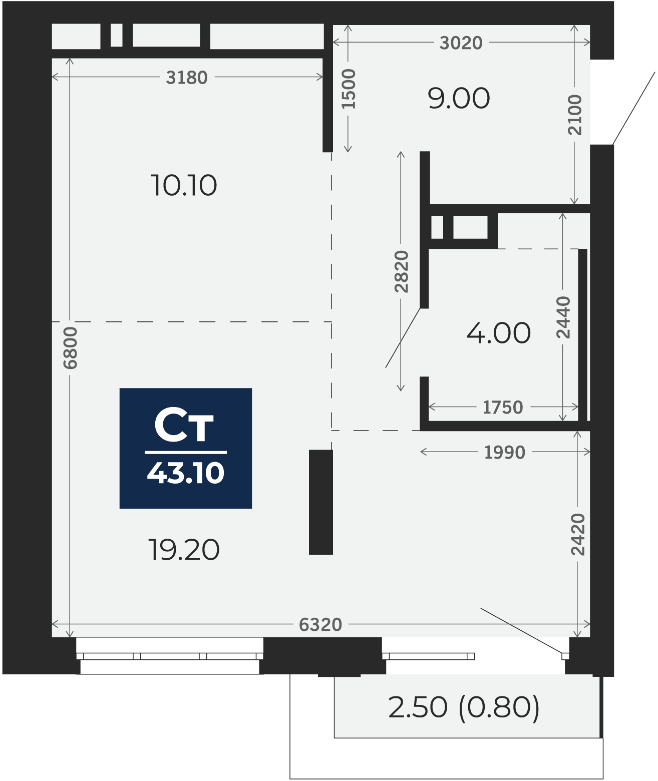 Квартира № 346, Студия, 43.1 кв. м, 17 этаж