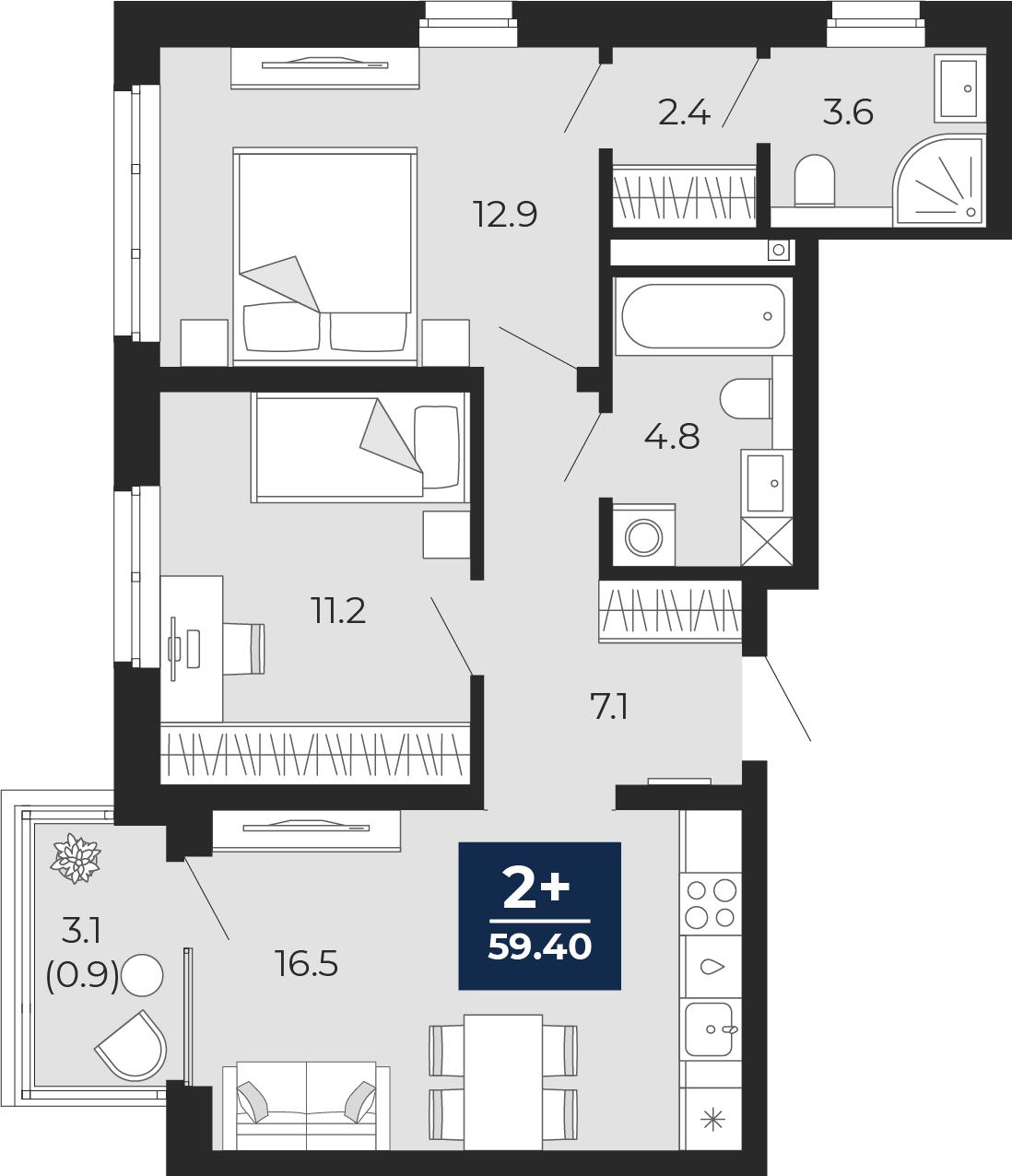 Планировка: Формат уточняется 61.6 м² в ЖК Мириады, Мыс