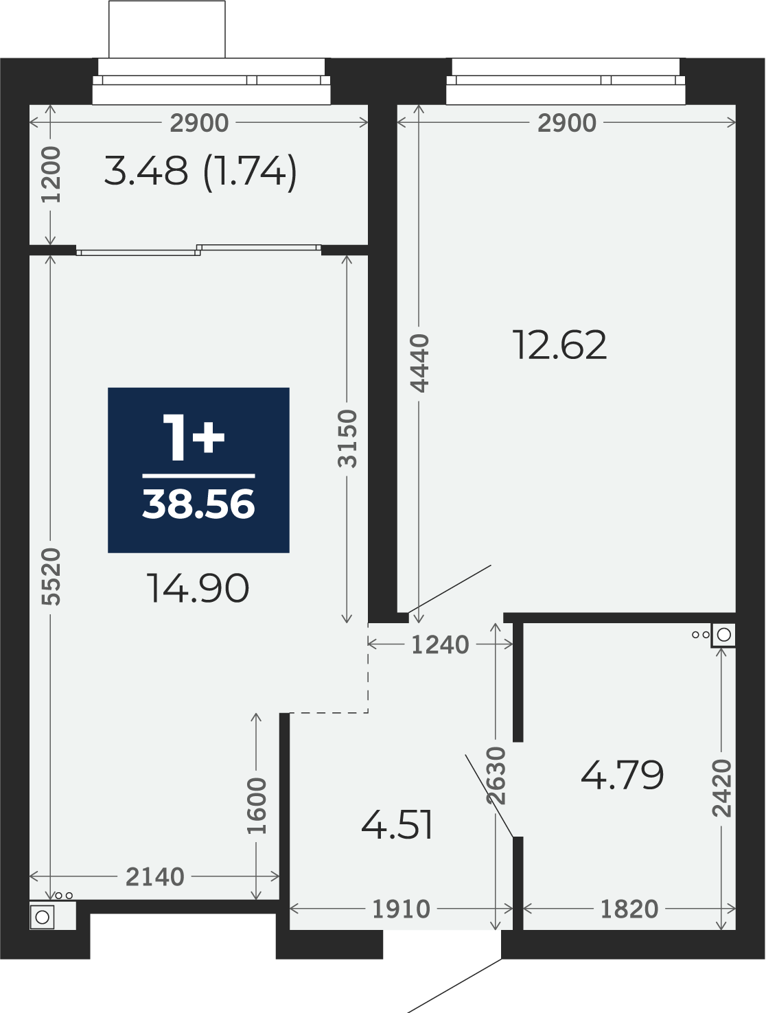 Квартира № 121, 1-комнатная, 38.56 кв. м, 2 этаж