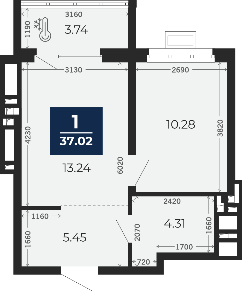 Квартира № 31, 1-комнатная, 37.02 кв. м, 5 этаж