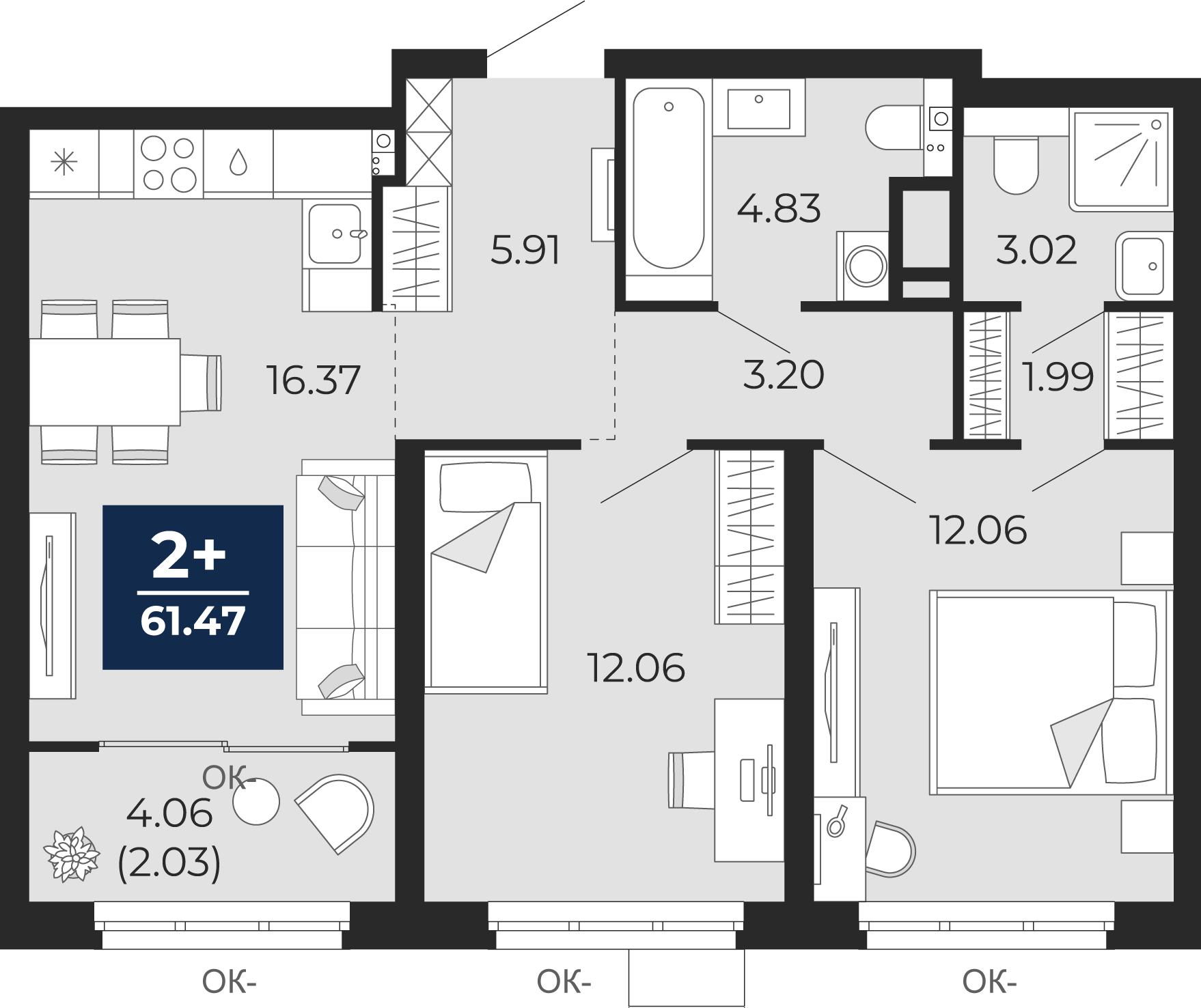 Квартира № 185, 2-комнатная, 61.47 кв. м, 13 этаж