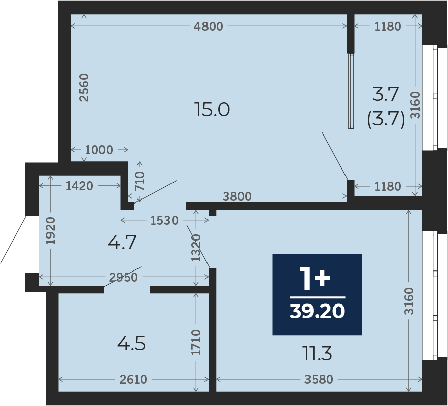 Квартира № 98, 1-комнатная, 39.2 кв. м, 10 этаж