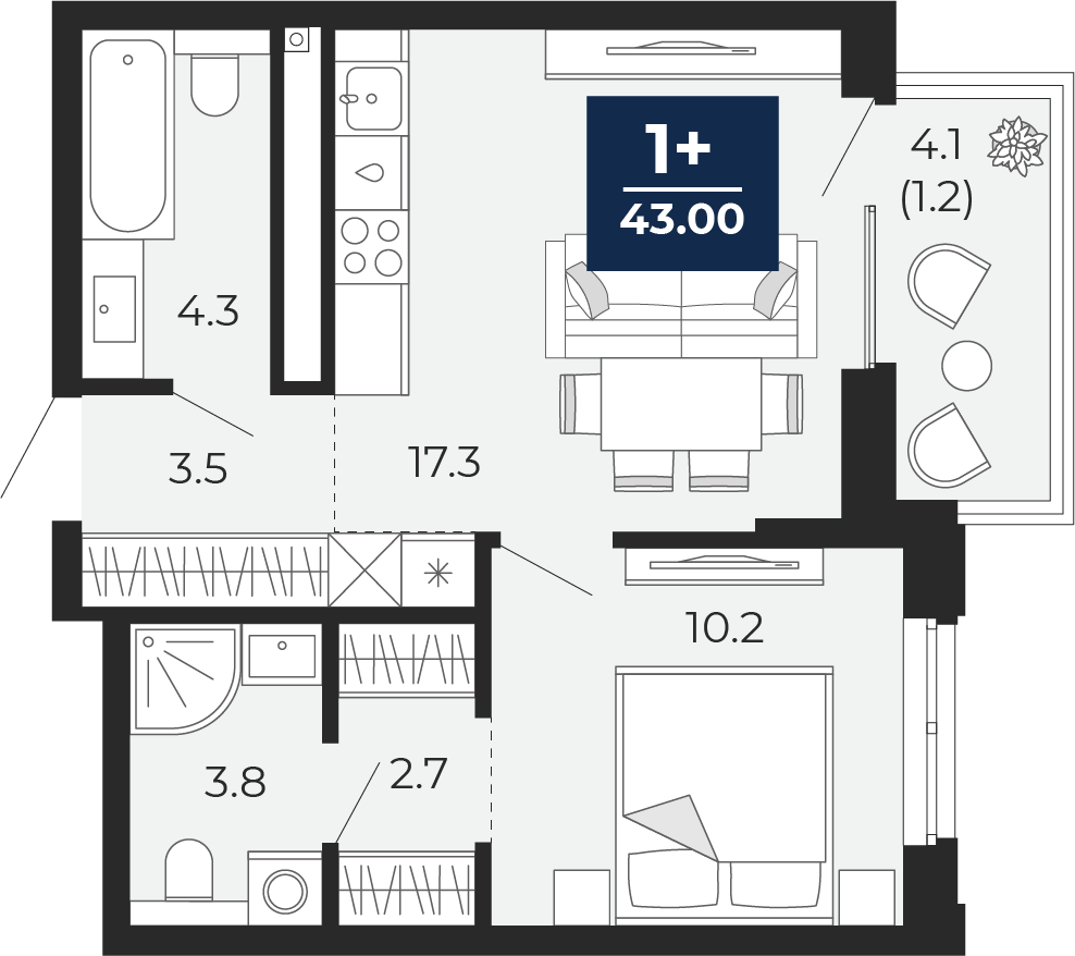 Планировка: Евродвушка 45.9 м² в ЖК Мириады, Мыс