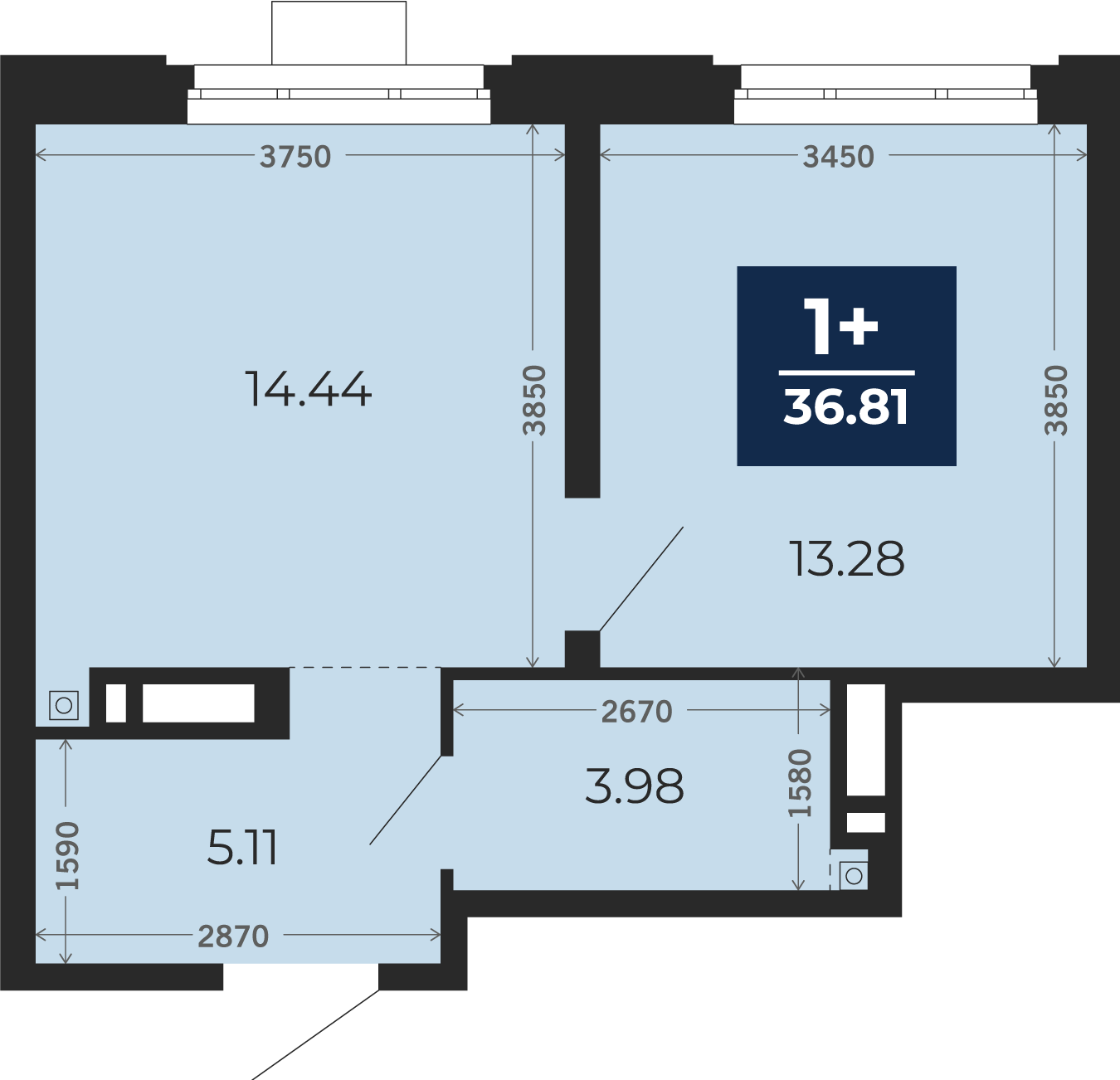 Квартира № 376, 1-комнатная, 36.81 кв. м, 16 этаж