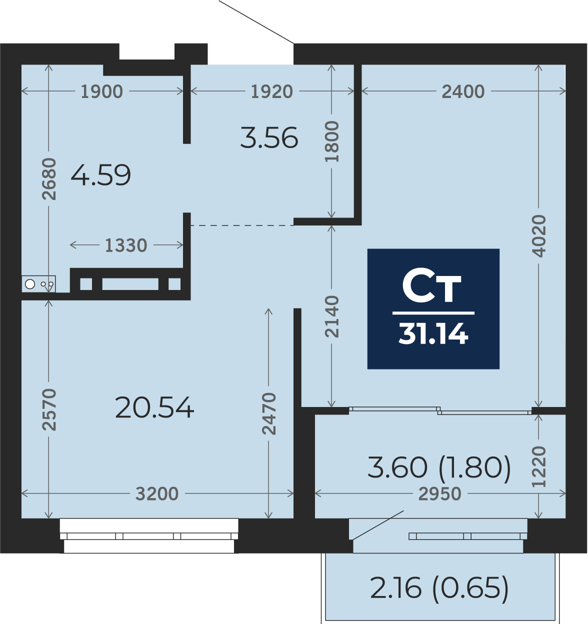 Квартира № 33, Студия, 31.14 кв. м, 8 этаж