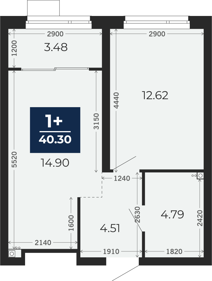 Квартира № 121, 1-комнатная, 40.3 кв. м, 2 этаж