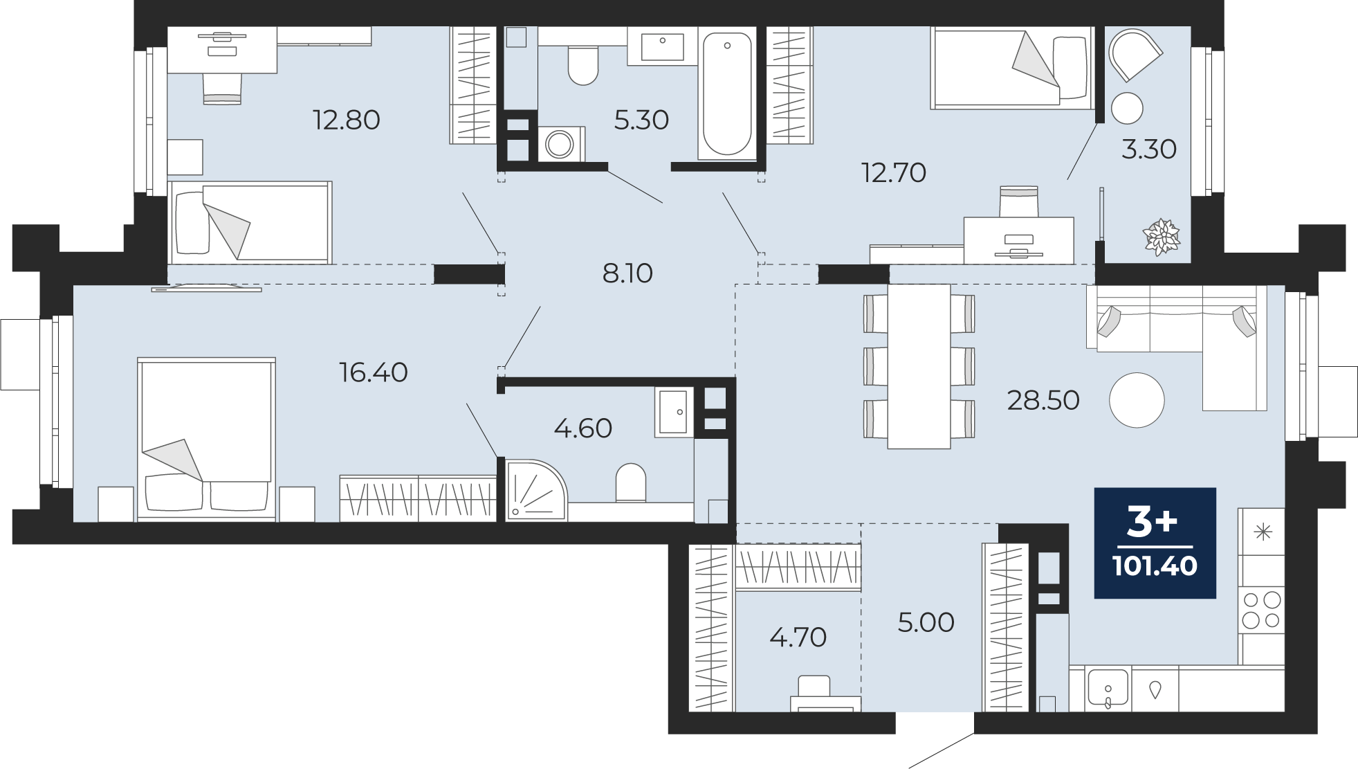 Планировка: 4-комнатная евро 101.9 м² в ЖК Айвазовский, 5-й Заречный