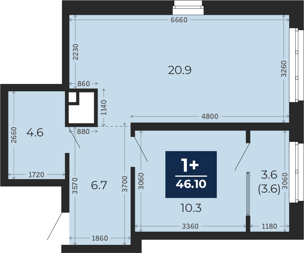 Квартира № 450, 1-комнатная, 46.1 кв. м, 12 этаж