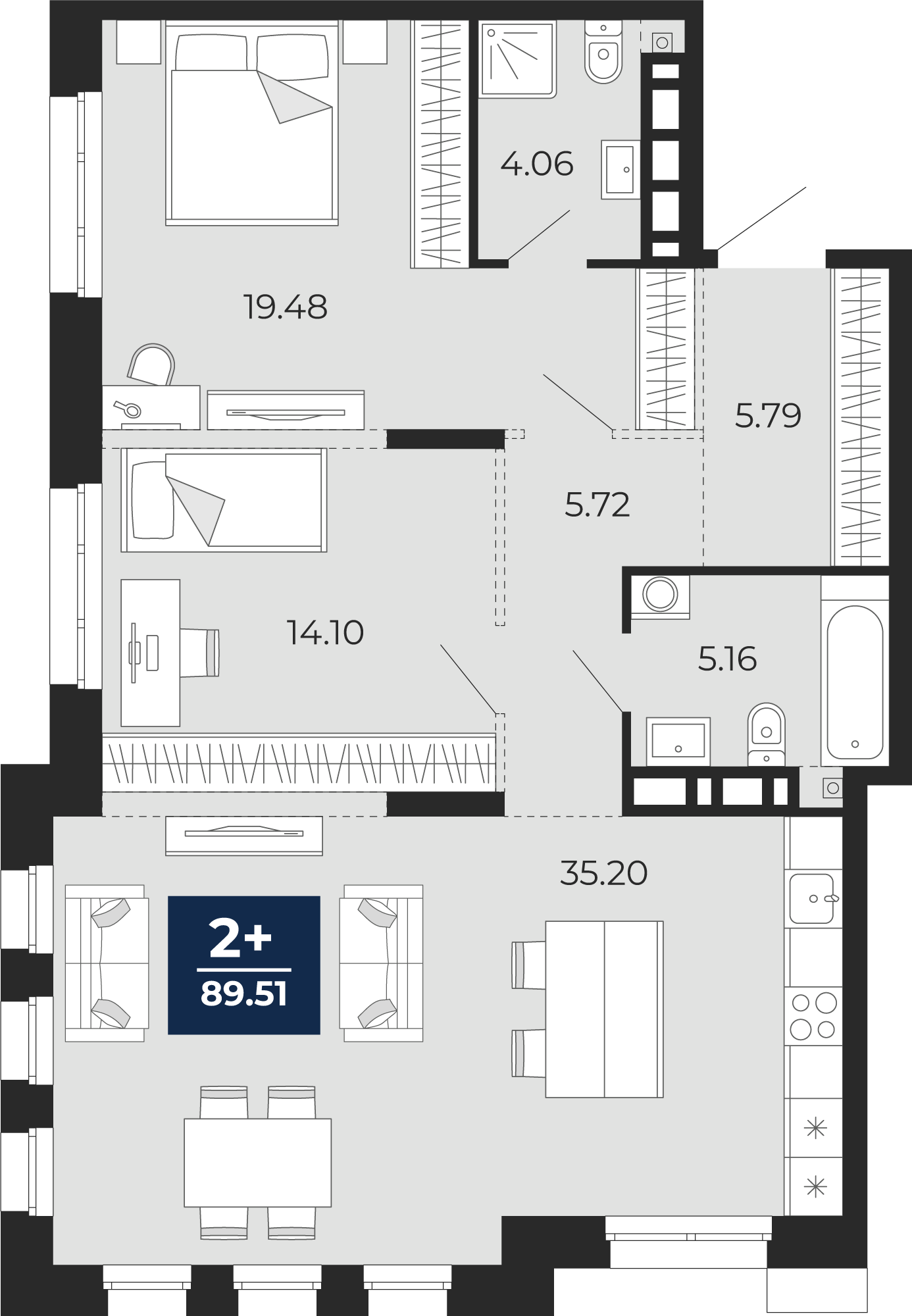 Квартира № 461, 2-комнатная, 89.51 кв. м, 2 этаж