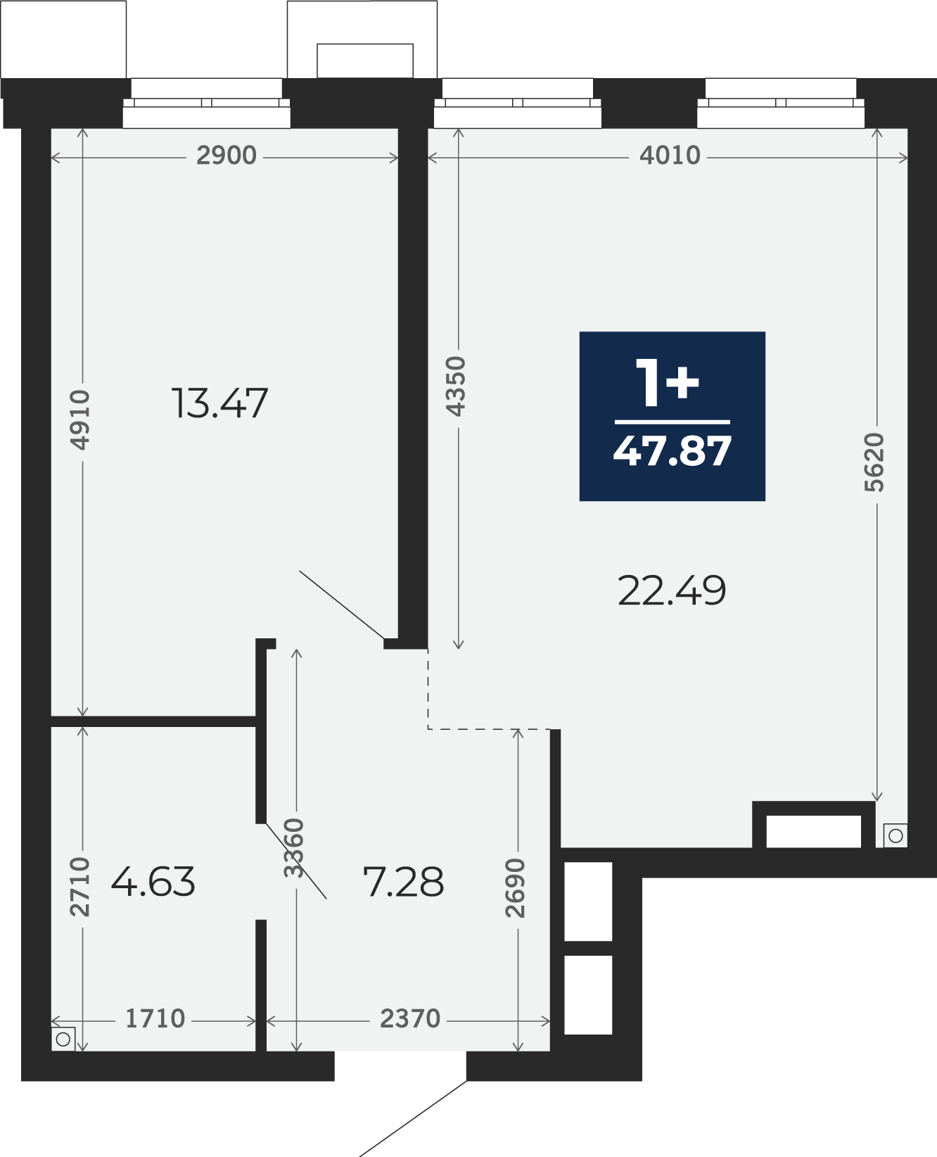 Квартира № 47, 1-комнатная, 47.87 кв. м, 2 этаж