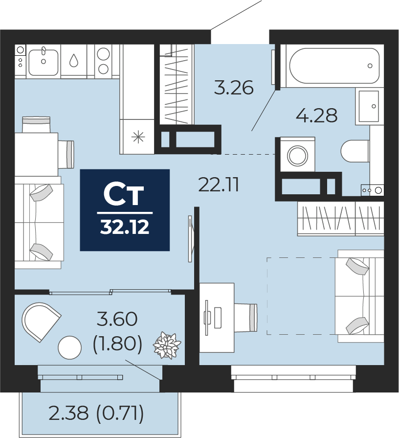Квартира № 583, Студия, 32.12 кв. м, 8 этаж
