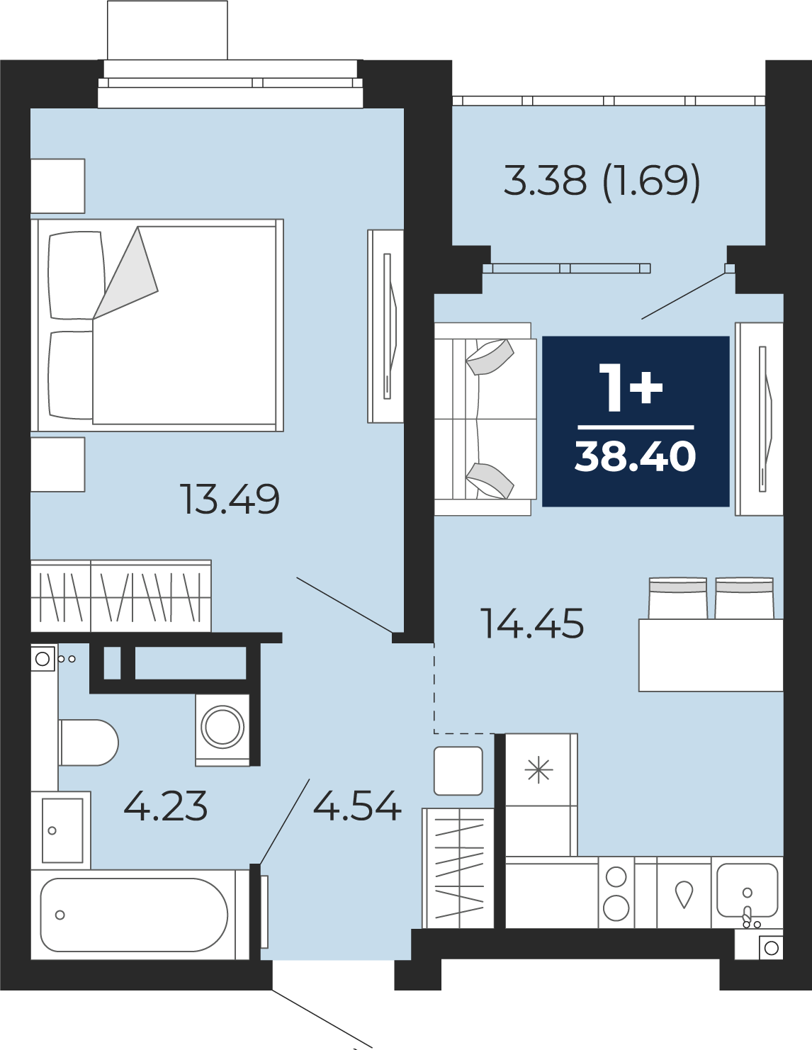 Квартира № 270, 1-комнатная, 38.4 кв. м, 17 этаж