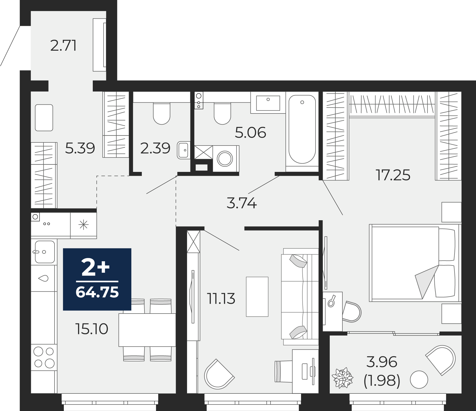 Квартира № 207, 2-комнатная, 64.75 кв. м, 1 этаж