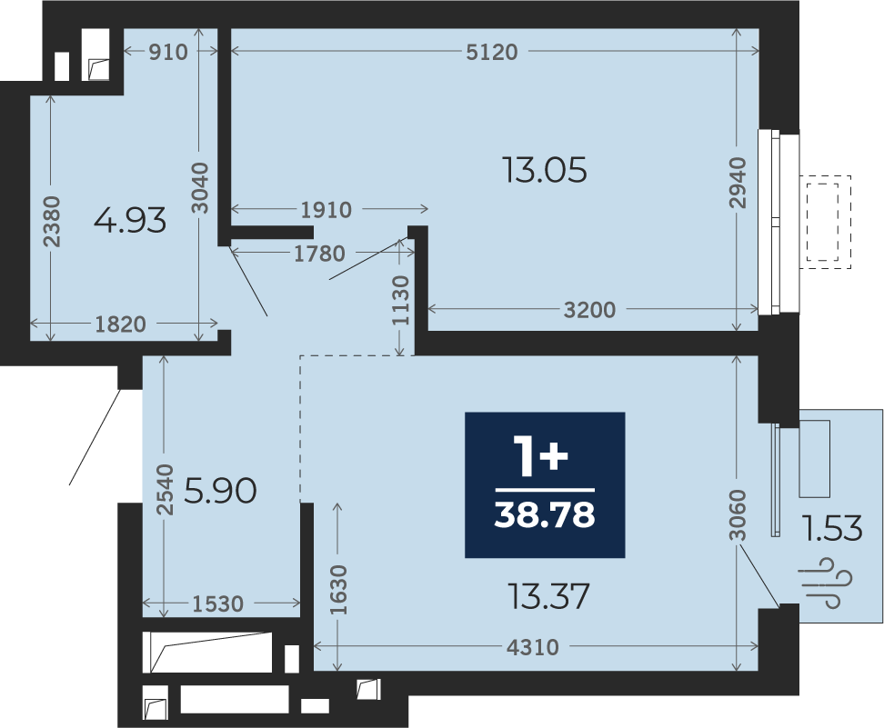 Квартира № 161, 1-комнатная, 38.78 кв. м, 2 этаж