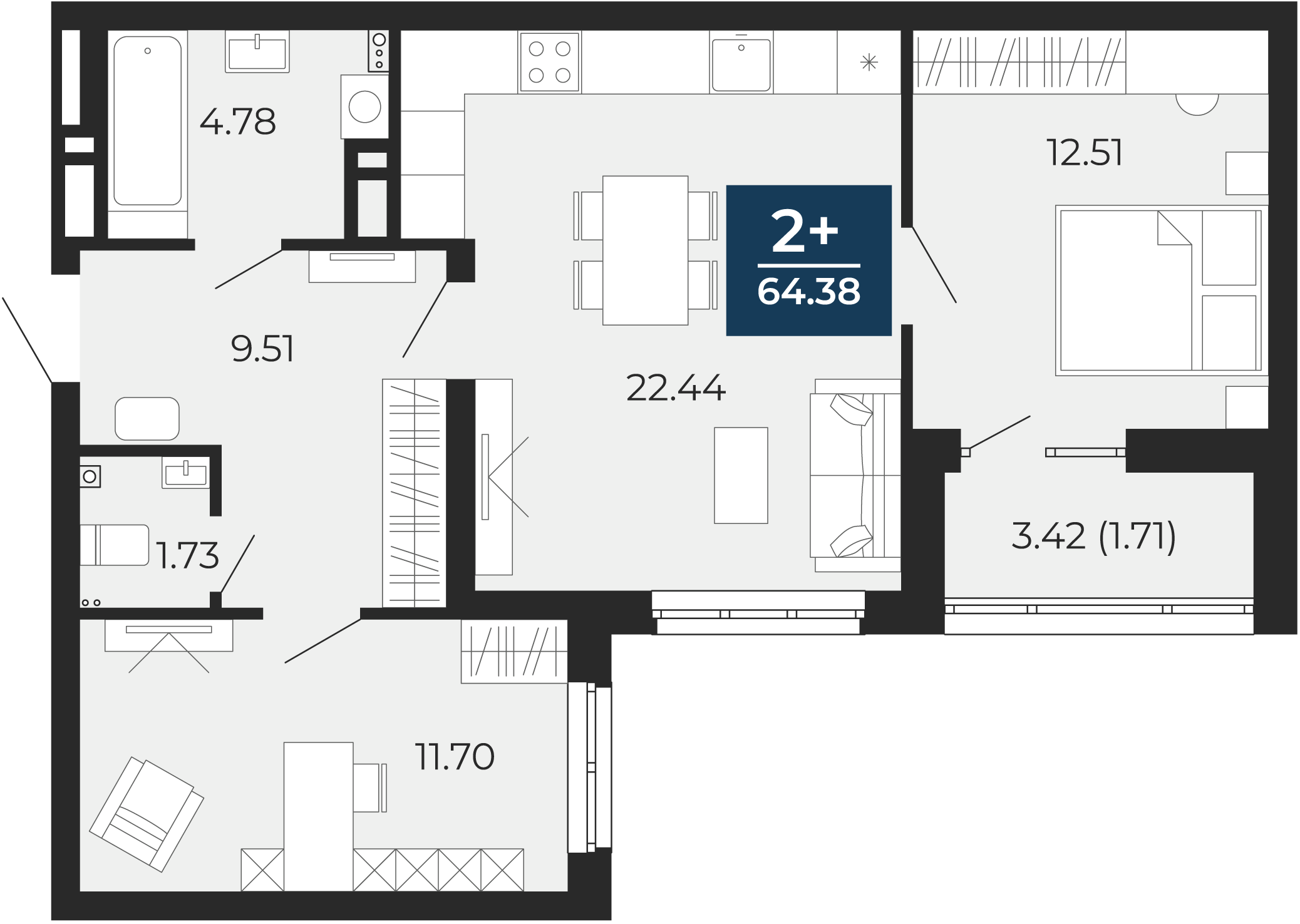 Квартира № 111, 2-комнатная, 64.38 кв. м, 2 этаж
