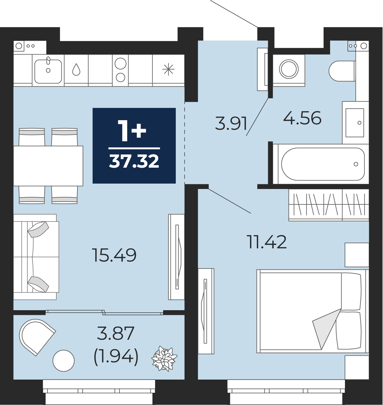 Квартира № 37, 1-комнатная, 37.32 кв. м, 2 этаж