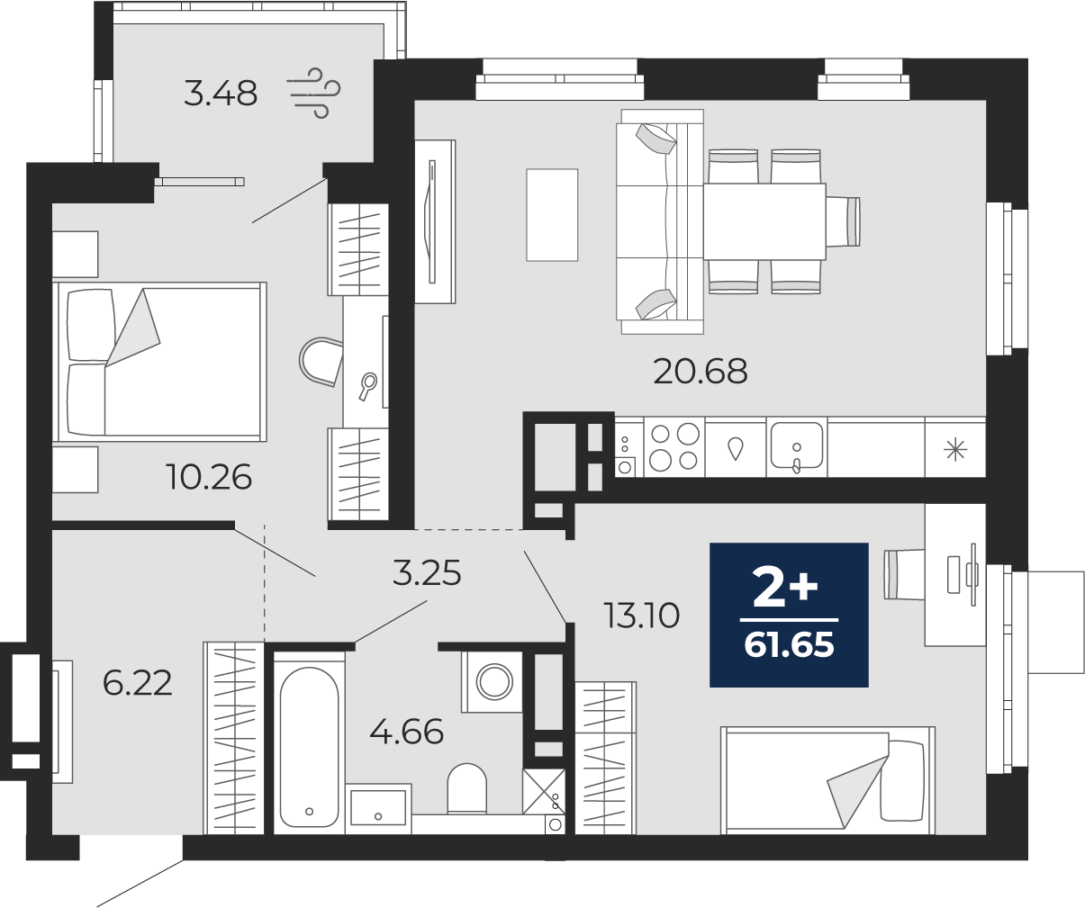 Квартира № 59, 2-комнатная, 61.65 кв. м, 9 этаж
