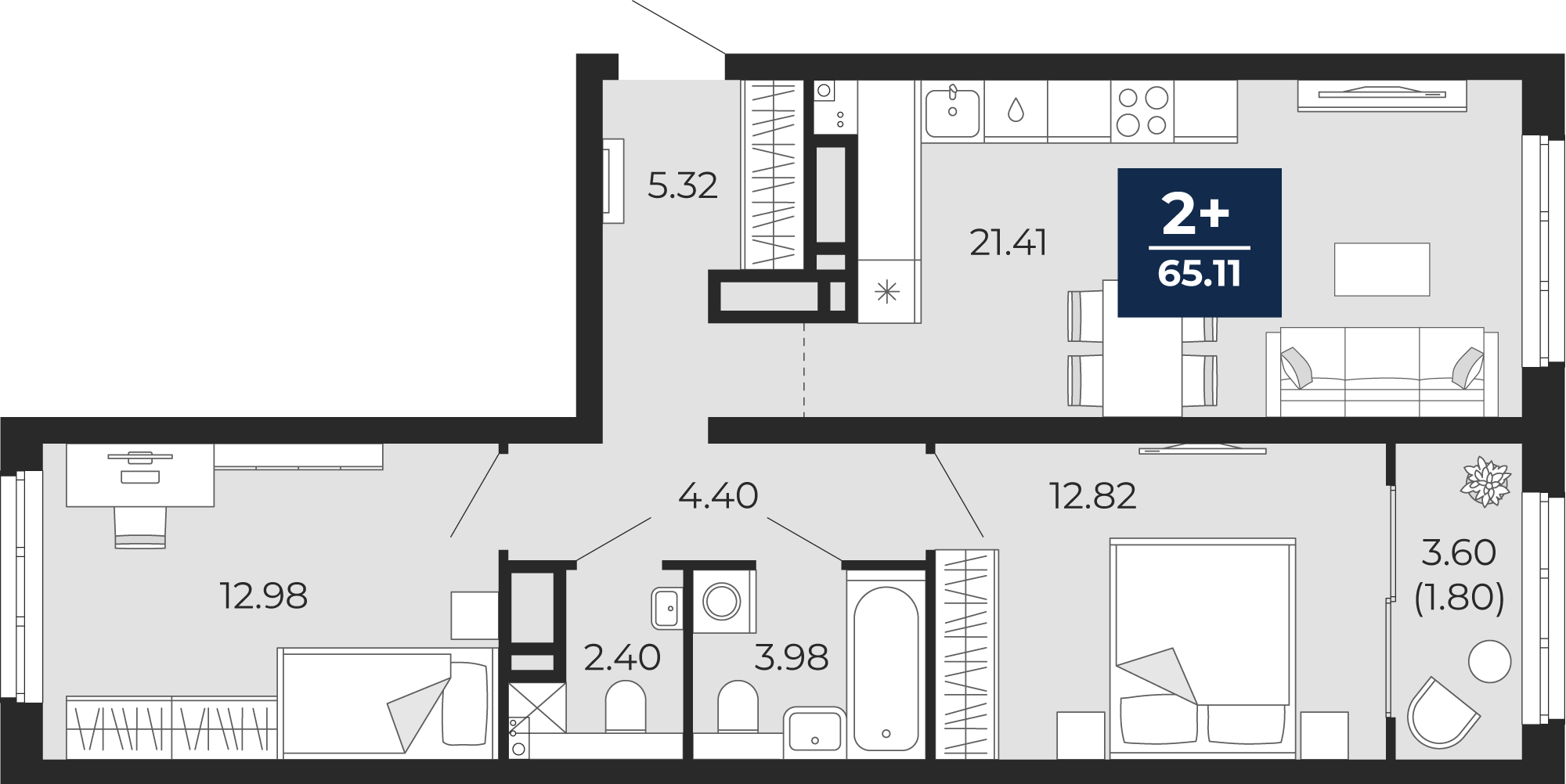 Квартира № 213, 2-комнатная, 65.11 кв. м, 22 этаж