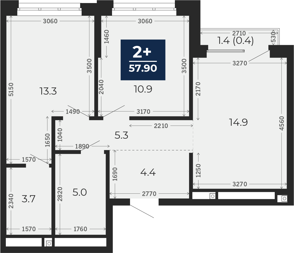 Квартира № 205, 2-комнатная, 58.9 кв. м, 16 этаж
