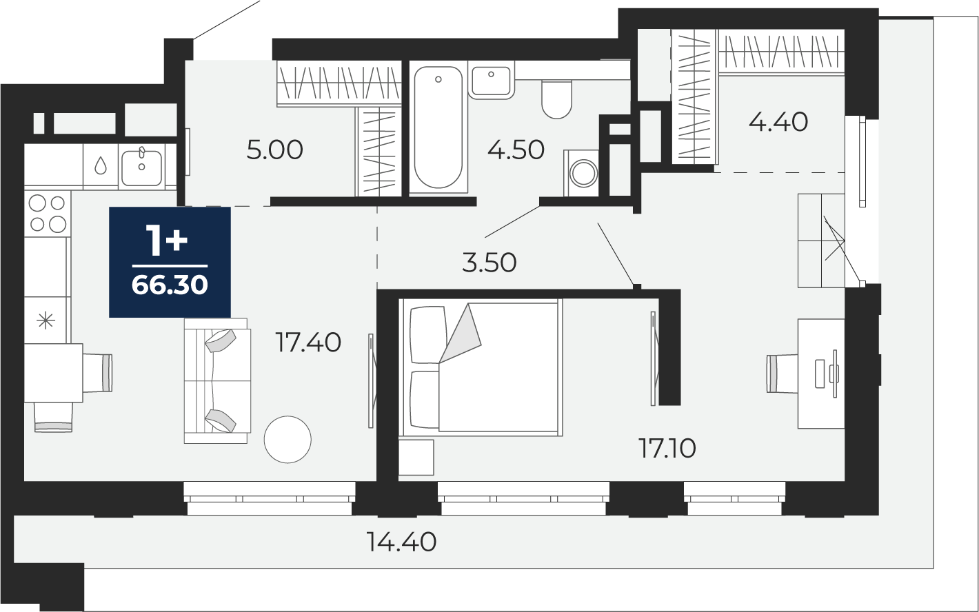 Квартира № 350, 1-комнатная, 66.3 кв. м, 17 этаж